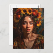 Een mooie vrouw met zonnebloemen in haar haar briefkaart (Voorkant / Achterkant)