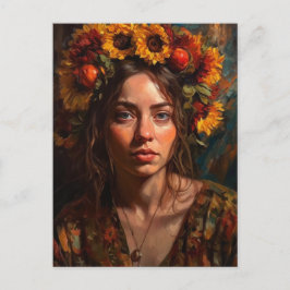 Een mooie vrouw met zonnebloemen in haar haar briefkaart