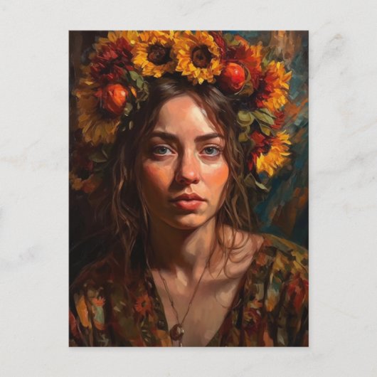 Een mooie vrouw met zonnebloemen in haar haar briefkaart (Voorkant)