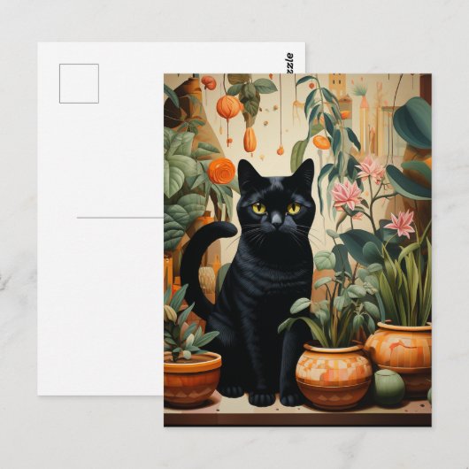 Een mooie zwarte kat poseert als een kamerplant briefkaart (Voorkant / Achterkant)