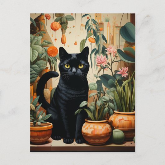 Een mooie zwarte kat poseert als een kamerplant briefkaart (Voorkant)