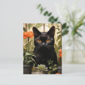 Een mooie zwarte kat vetplanten en bloemen briefkaart (Staand voorkant)