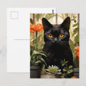 Een mooie zwarte kat vetplanten en bloemen briefkaart (Voorkant / Achterkant)