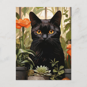 Een mooie zwarte kat vetplanten en bloemen briefkaart