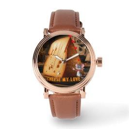 Een muis die verliefd is op een stuk kaas op een horloge
