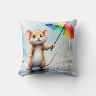Een muis met een regenboog paraplu regen waterverf kussen