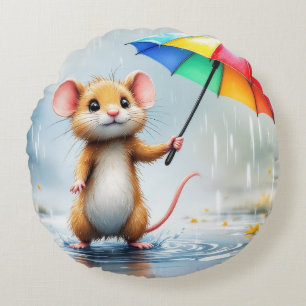 Een muis met een regenboog paraplu regen waterverf rond kussen