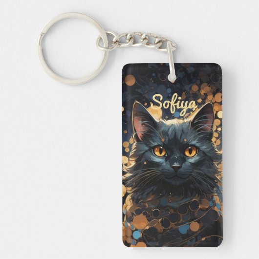 Een mysterieuze majestueuze zwarte kat glitter naa sleutelhanger (Voorkant)