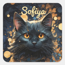 Een mysterieuze majestueuze zwarte kat glitter naa vierkante sticker