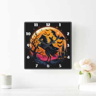 Een mystieke Halloween-paardrit onder een volle ma Vierkante Klok