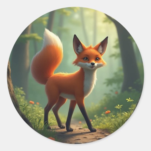 Een mystieke vos dwaalt door het bos ronde sticker (Voorkant)