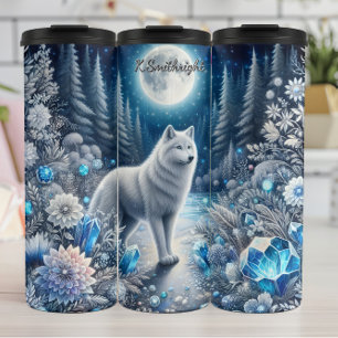 Een mystieke wolf in een kristallen bos thermosbeker