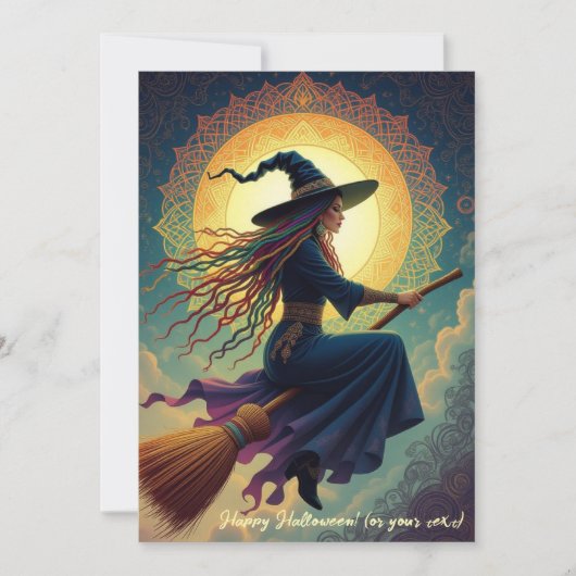 Een nachtelijk rendez-vous: moderne heks Halloween Feestdagenkaart (Voorkant)