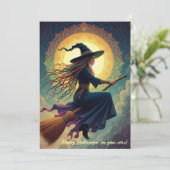 Een nachtelijk rendez-vous: moderne heks Halloween Feestdagenkaart (Staand voorkant)