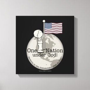 Een natie onder God-Little Boy op Amerikaanse vlag Canvas Afdruk