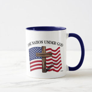 Één Natie onder God met ruw kruis en de vlag van Mok