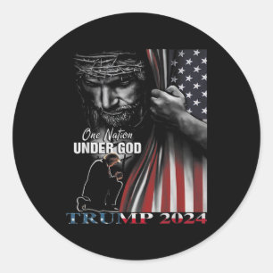 Eén natie onder God Trump 2024 God Amerikaanse vla Ronde Sticker