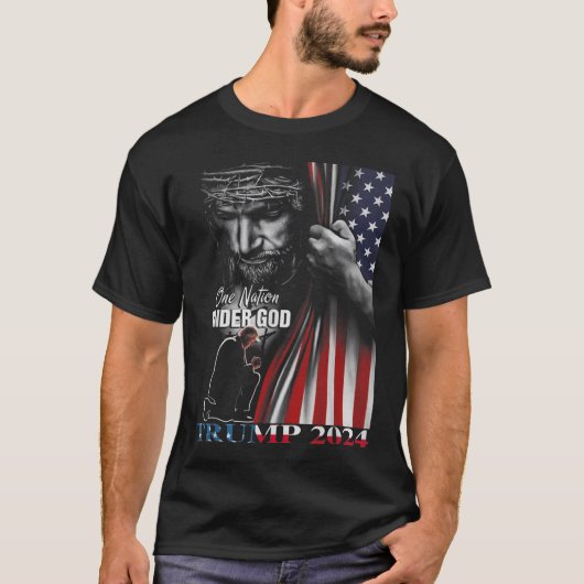 Eén natie onder God Trump 2024 God Amerikaanse vla T-shirt (Voorkant)