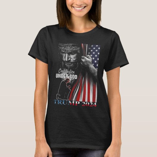 Eén natie onder God Trump 2024 God Amerikaanse vla T-shirt (Voorkant)