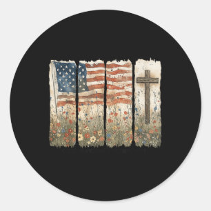 Eén natie onder God VS Vlag Kruis Bloemenkruis Chr Ronde Sticker