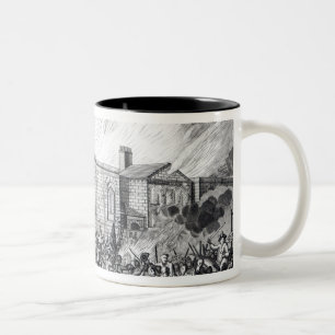 Een nauwkeurige weergave van het branden tweekleurige koffiemok
