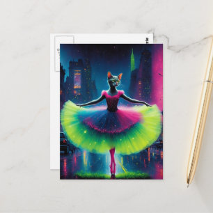 Een neon grijze balletkat in de cyberpunk stad briefkaart