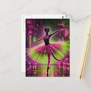 Een neon zwarte balletkat in de cyberpunk stad briefkaart