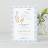 Een nieuw Gekke Goose Blue Gingham Baby shower Kaart (Staand voorkant)