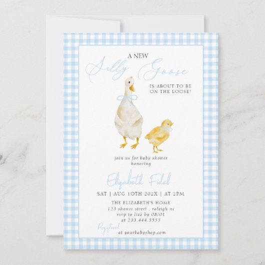 Een nieuw Gekke Goose Blue Gingham Baby shower Kaart (Voorkant)