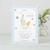 Een nieuw Gekke Goose Blue Gingham Baby shower Kaart (Staand voorkant)