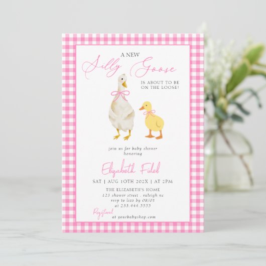 Een nieuw Gekke Goose Pink Gingham Baby shower Kaart (Staand voorkant)