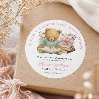 Een nieuw hoofdstuk Beer Meisje Boek Baby Shower B Ronde Sticker