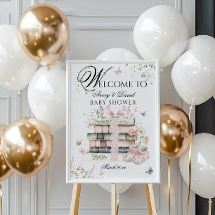 Een nieuw hoofdstuk begint bloemig boek babyshower poster