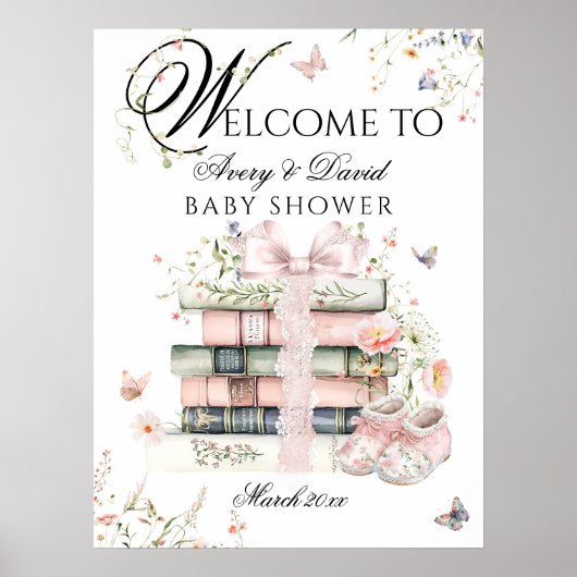 Een nieuw hoofdstuk begint bloemig boek babyshower poster (Voorkant)