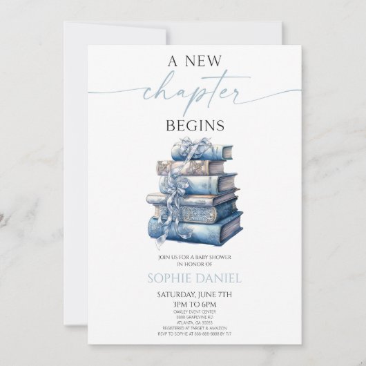 Een nieuw hoofdstuk begint Blue Bow Books Baby sho Kaart (Voorkant)