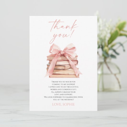 Een nieuw hoofdstuk begint Roze Strik Boeken Bruid Bedankkaart (Staand voorkant)