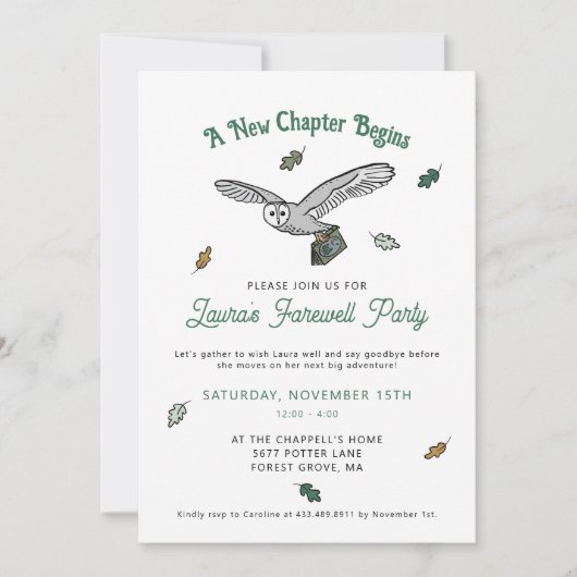 Een nieuw hoofdstuk begint Uil Farewell Party Kaart (Voorkant)