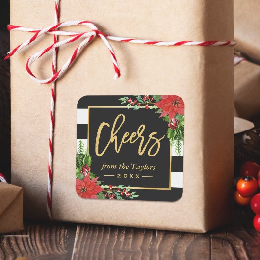 Een nieuw jaar oud goud script Poinsettia Floral Vierkante Sticker