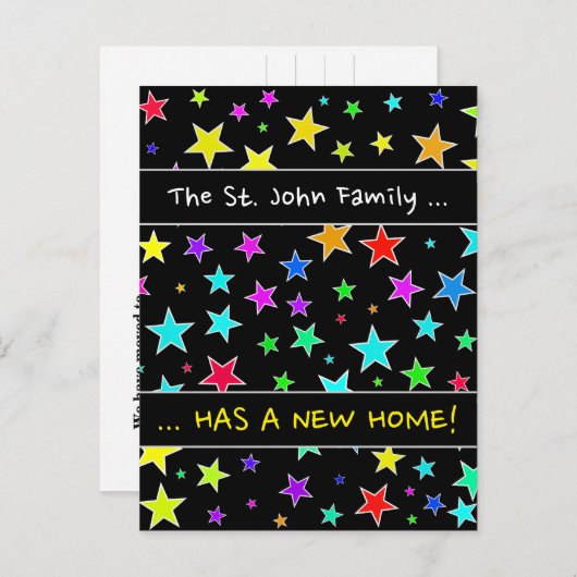 "Een nieuw thuis!"; leuk, kleurrijk sterrenpatroon Aankondigingskaart (Voorkant / Achterkant)