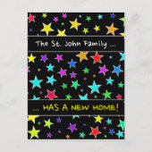 "Een nieuw thuis!"; leuk, kleurrijk sterrenpatroon Aankondigingskaart (Voorkant)