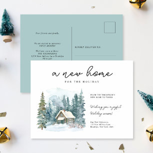 Een Nieuw Thuis Winter Watercolor Blokhut Letterty Feestdagenkaart