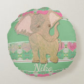 Een nieuwe baby jongen! Olifant & Groen Rond Kussen (Achterkant)