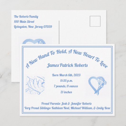 Een nieuwe hand om de geboorteaankondiging vast te aankondigingskaart (Voorkant / Achterkant)