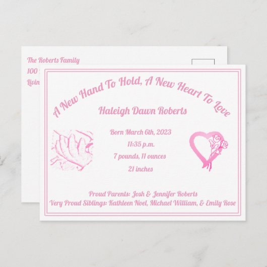 Een nieuwe hand om geboorteaankondiging te houden  aankondigingskaart (Voorkant / Achterkant)