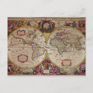 Een nieuwe land- en waterkaart van de gehele aarde briefkaart