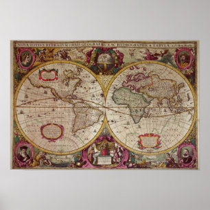 Een nieuwe land- en waterkaart van de gehele aarde poster