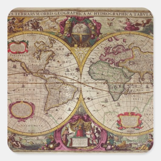 Een nieuwe land- en waterkaart van de gehele aarde vierkante sticker (Voorkant)