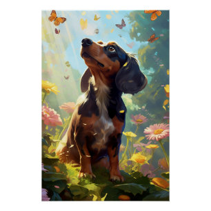 Een nieuwsgierig teckel met vlinders perfect poster