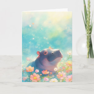 Een nijlpaard in bloeiende bloemen kaart