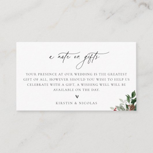 Een nota over de wintergroene bruiloft van Gifts Informatiekaartje (Voorkant)